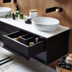 ISSY Z8 6 Drawer Vanity 1500 and ISSY Z1 Oval Mirror 380 (in situ side angle close up)