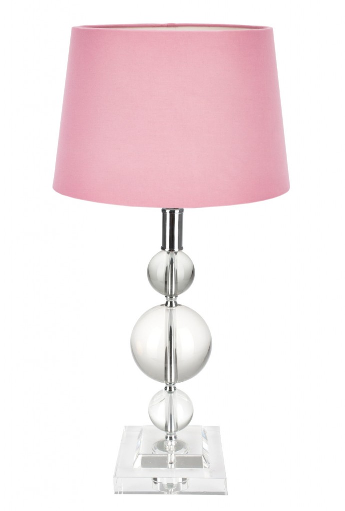 Carmen glass metal lamp base with drum shade in Cyclamen, $199, laura-ashley.com.au