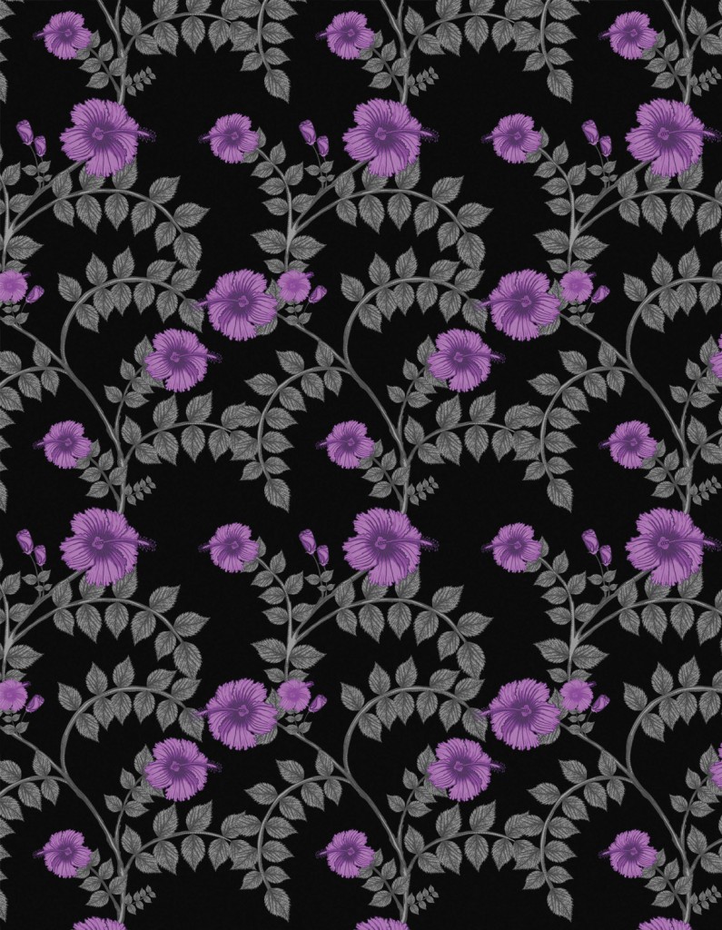 Hibiscus Swirl wallpaper in Purple Noir by Funky Wombat Textiles, $260, theelephantroom.com.au 