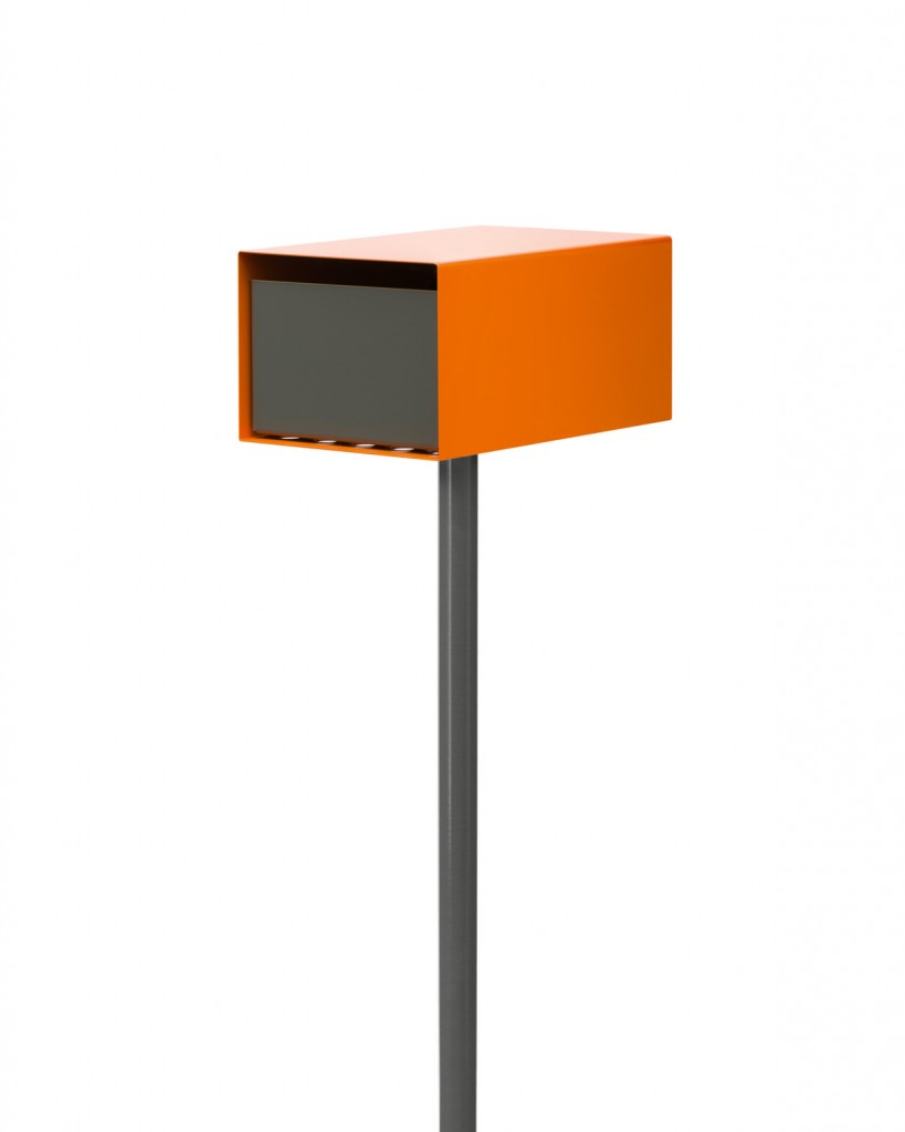 The contemporary Lobos letterbox in orange and grey from Ute Design www.utedesign.com.au