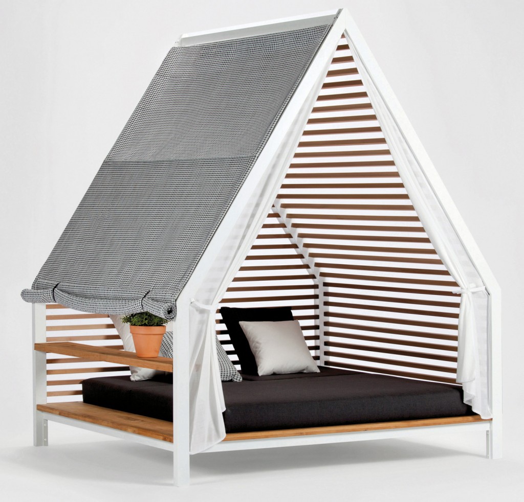 Kettal’s cosy Cottage daybed for two, featuring modern wooden struts, from Mobilia www.mobilia.com.au