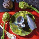 Porcelain flat plate, sake bottle and Manganese blend cups from beckerminty.com Medium resin modern tribal platter in Seaweed Malachite and Resin flower server in two-tone ivory