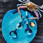 Modern tribal platter with resin liquid servers in Moody Blue Swirl and resin seed pod salt dish in black and white