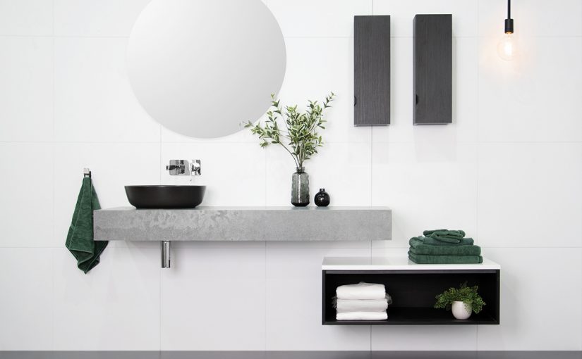 European-inspired bathroom storage design
