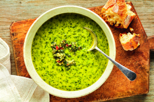 Spinach & Zucchini Soup with Mint Pine-Nut Pesto