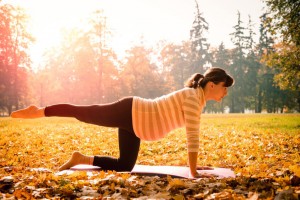 Fitness pregnant woman exercising outdoor in autumn nature