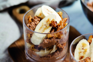 Oats+Chia Mocha Breakfast Parfait with Banana & Walnuts