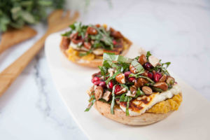 Breakfast Bagel Bruschetta with Haloumi, Pumpkin Hummus & Salsa
