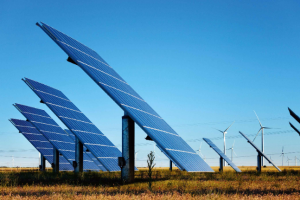Solar panels farm and wind turbines at background under a blue sky.
