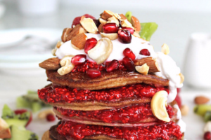 Healthy Pancakes with Fresh Raspberry Jam & Pomegranate Nut Crunch