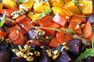 Coconut Oil Roasted Vegies with Maple Toasted Seeds Recipe