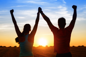 couple sunset happy woman man love strength