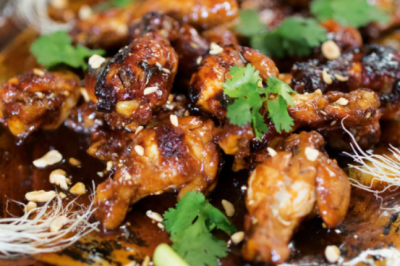 Caramelised The Bare Bird Chicken Winglets with Dark Beer, Miso, Peanuts & Pickled Carrot Slaw