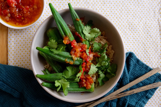 Okra with Kefir Lime, Coconut Rice & Sambal Recipe