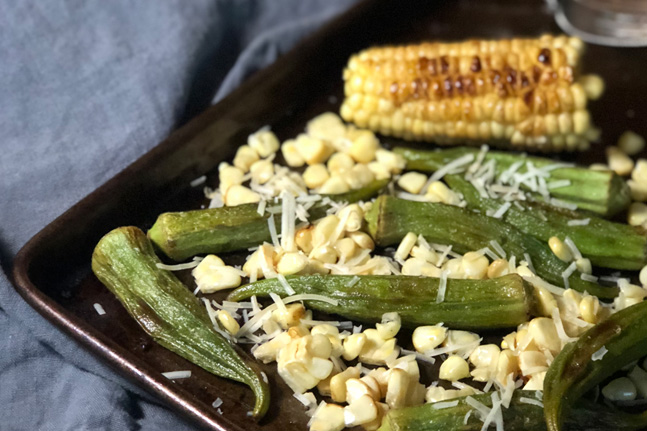 Parmesan-Roasted Okra with Char-Grilled Corn Recipe