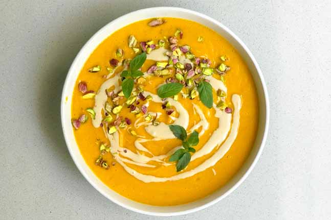 Creamy Pumpkin Soup with Tahini and Pistachios Recipe