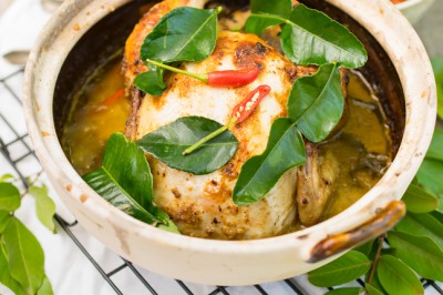 Braised Whole Chicken with Green Curry & Braised Pineapple & Tomato Hasselback