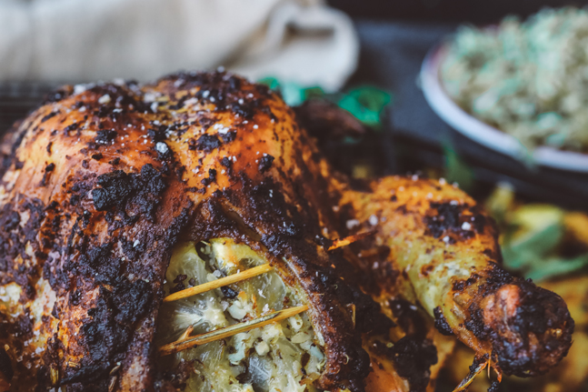 Indian Spiced Roast Chook with Biryani Hemp Stuffing and Vegetables