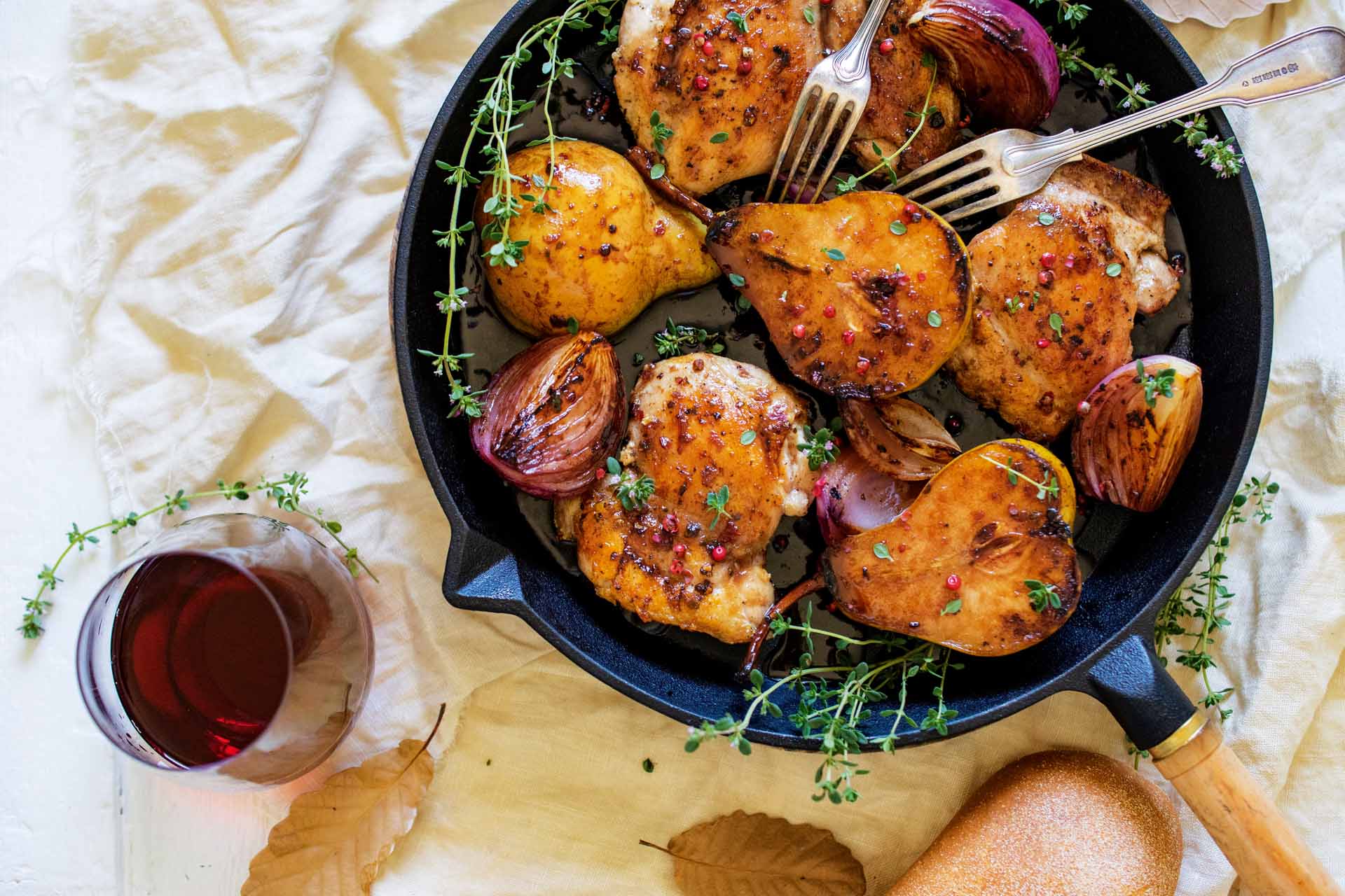 Oven Chicken Roast Thigh Fillet with Port & Pears