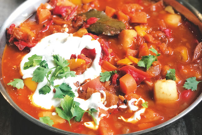 Vegan Hungarian Goulash With Cucumber Dill Salad