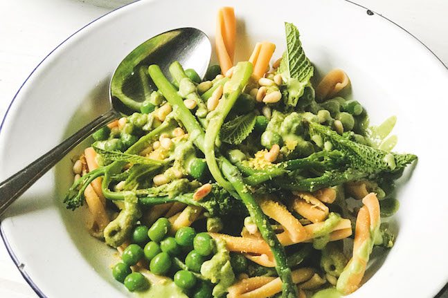 Creamy Pea, Asparagus And Broccolini Pasta With Mint Pesto