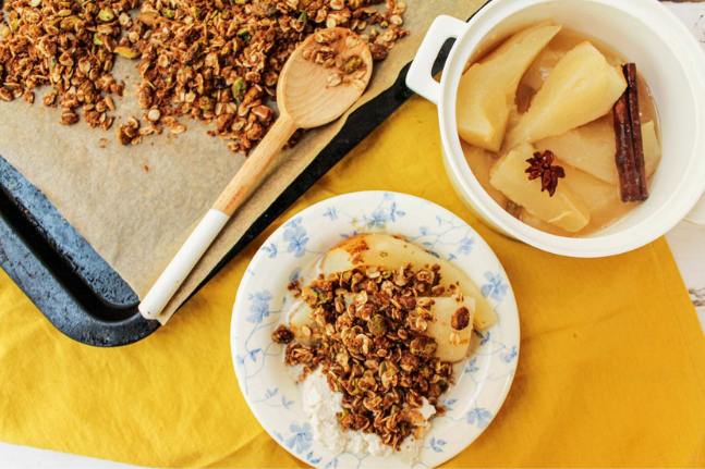 Aromatic Spiced Pears With Gluten Free Pistachio Crumble Recipe