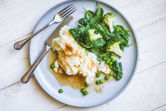 Mashed Potato & Greens With Onion Gravy Recipe