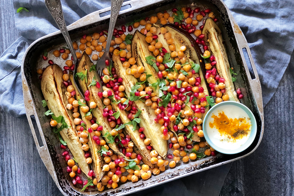 Eggplant, Chickpea & Pomegranate Traybake - WellBeing Magazine