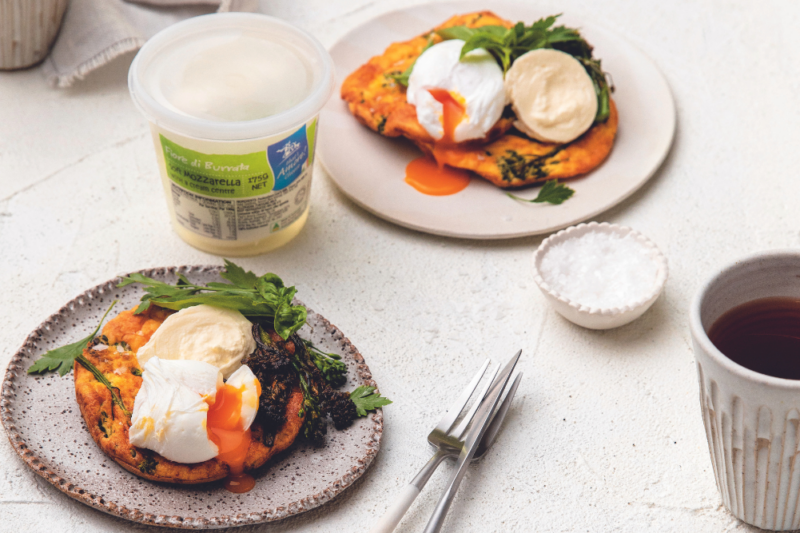 Broccolini Fritters with Burrata & Poached Egg