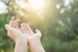 Forgiveness palms raised to sun with plants in the background